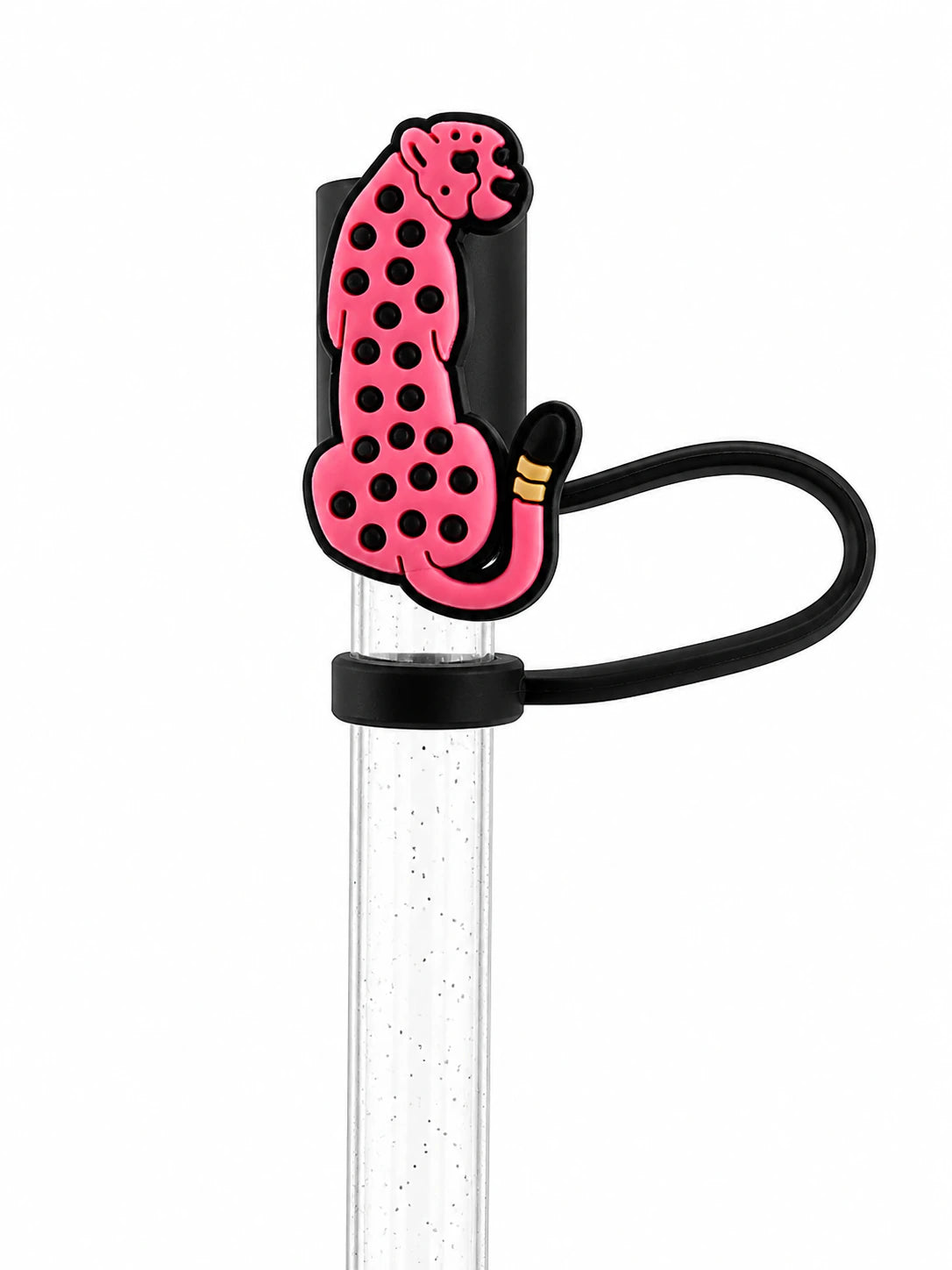 Pink spotted leopard straw charm with black spots and a curled tail attached to a clear straw on a white background