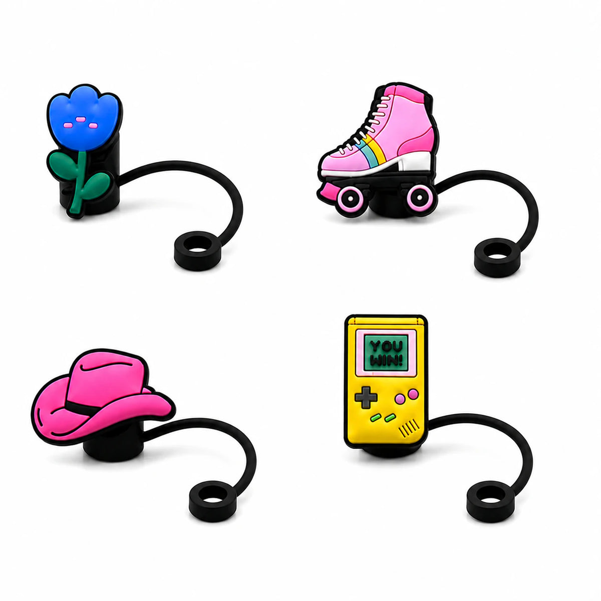 Set of four playful straw charms featuring a blue flower, pink roller skate, cowboy hat and handheld game console