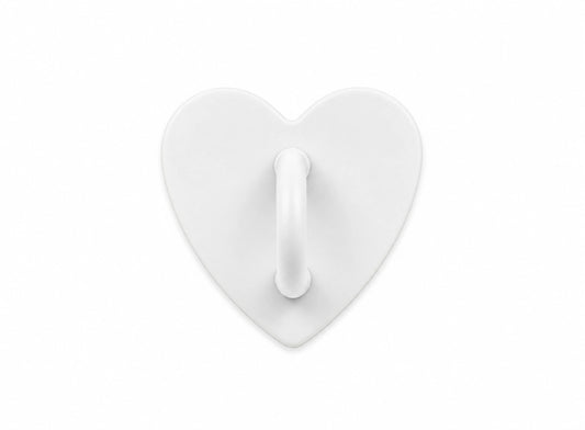 White heart-shaped stick-on charm hook on a white background