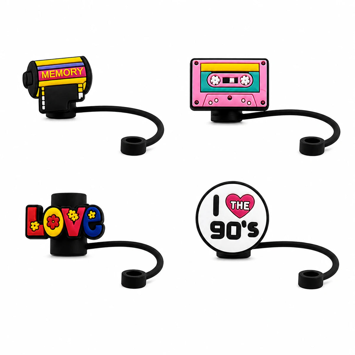 Set of four retro 90s straw charms featuring a memory game, cassette tape, colorful LOVE design and I heart the 90s graphic