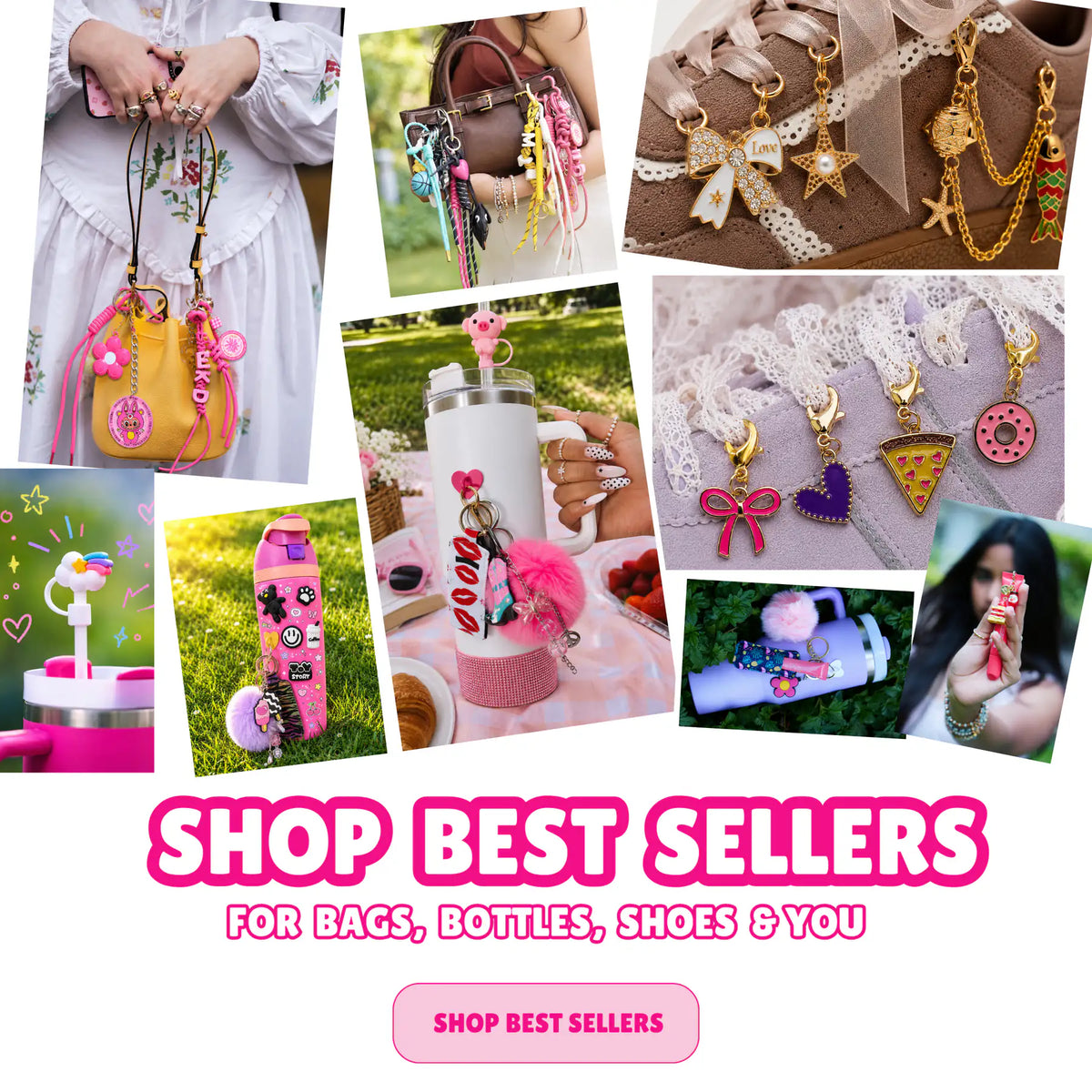 Charm’D AF best-selling bag, bottle, shoe and personal accessories featuring colourful bag charms, bottle charms, shoe charms and lip balm holders, with “Shop Best Sellers” text.
