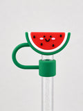 Smiley watermelon straw charm with a red watermelon slice, green rind and cute face attached to a clear straw on a white background