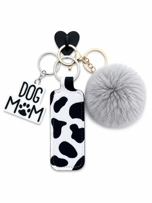 Soft Girl Sipper Bundle with grey pom pom, black and white dog-print lip balm holder, Dog Mom charm and heart attachment