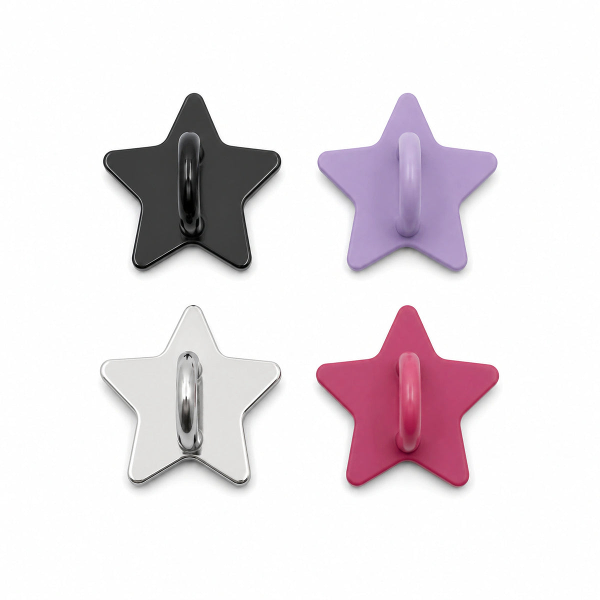 Four star-shaped stick-on charm hooks in black, lavender, silver and pink