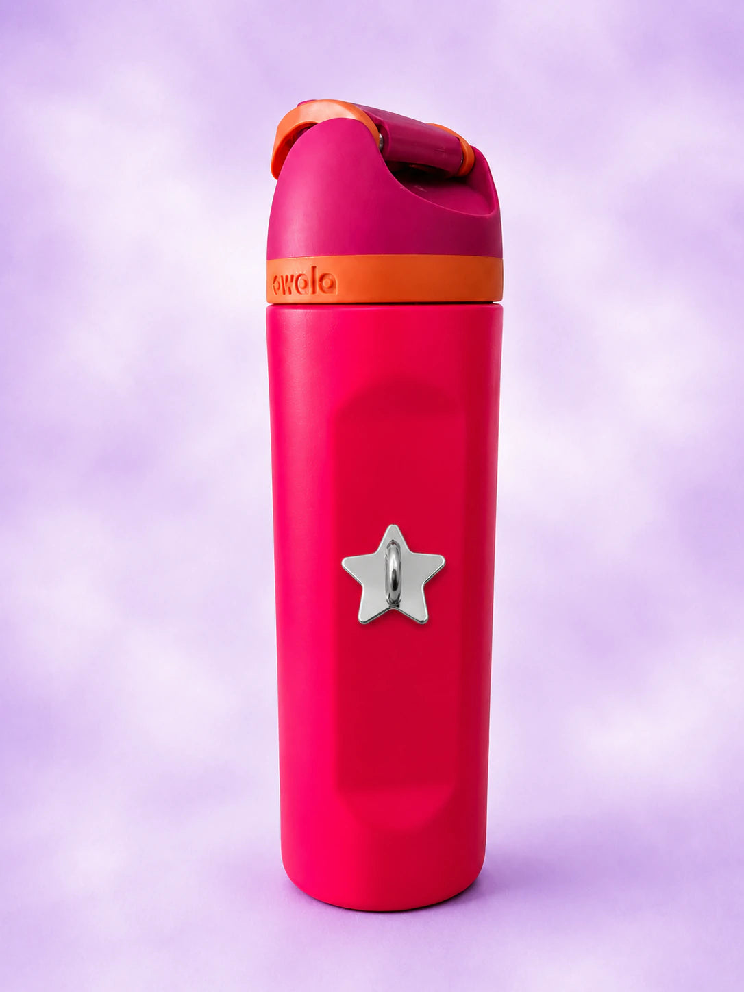 Bright pink water bottle with a silver star-shaped stick-on charm hook