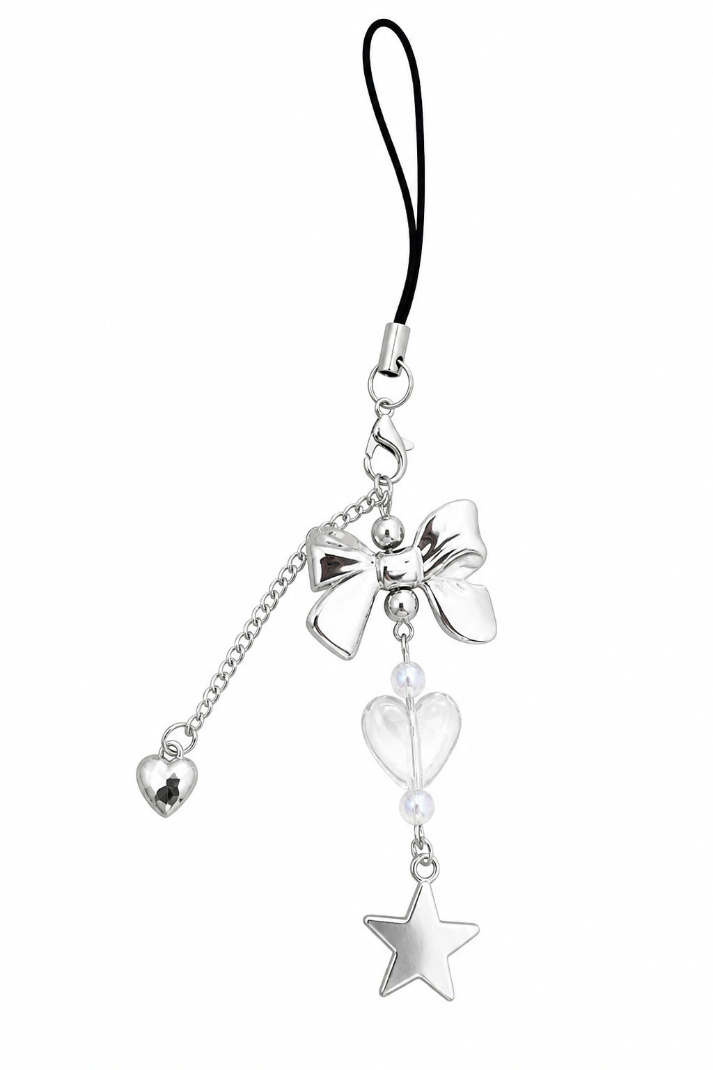 Starbow Heart Water Bottle Charm with silver bow, clear heart bead, silver star pendant and heart accent