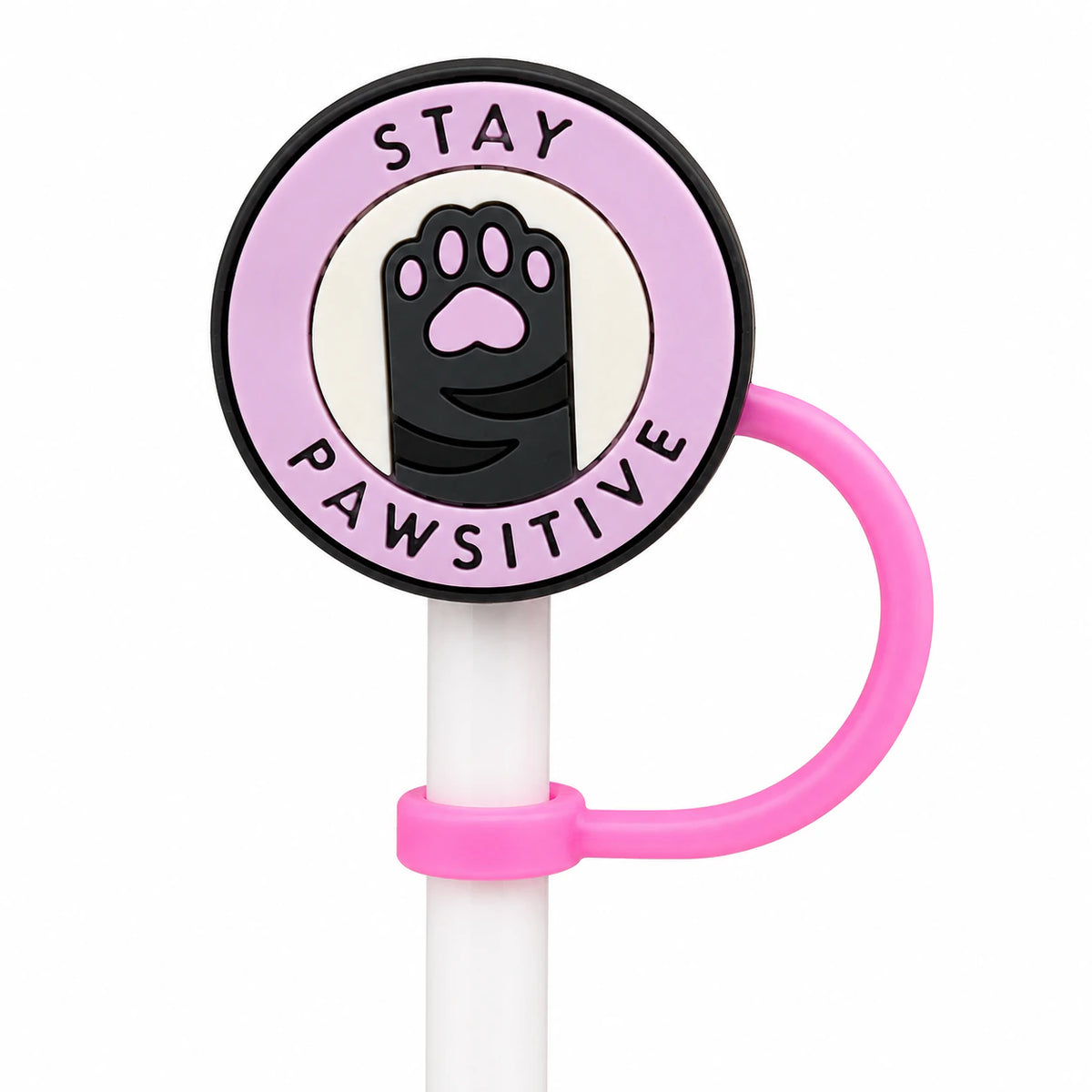 Charm’D AF Stay Pawsitive pink straw topper for water bottle straws with paw print design and reusable straw charm