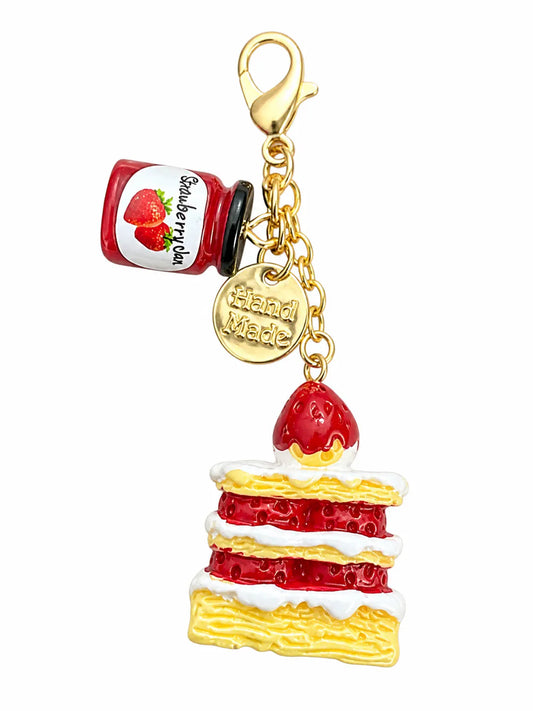 Strawberry cake lip balm charm with layered cake, strawberry and mini jam jar charms