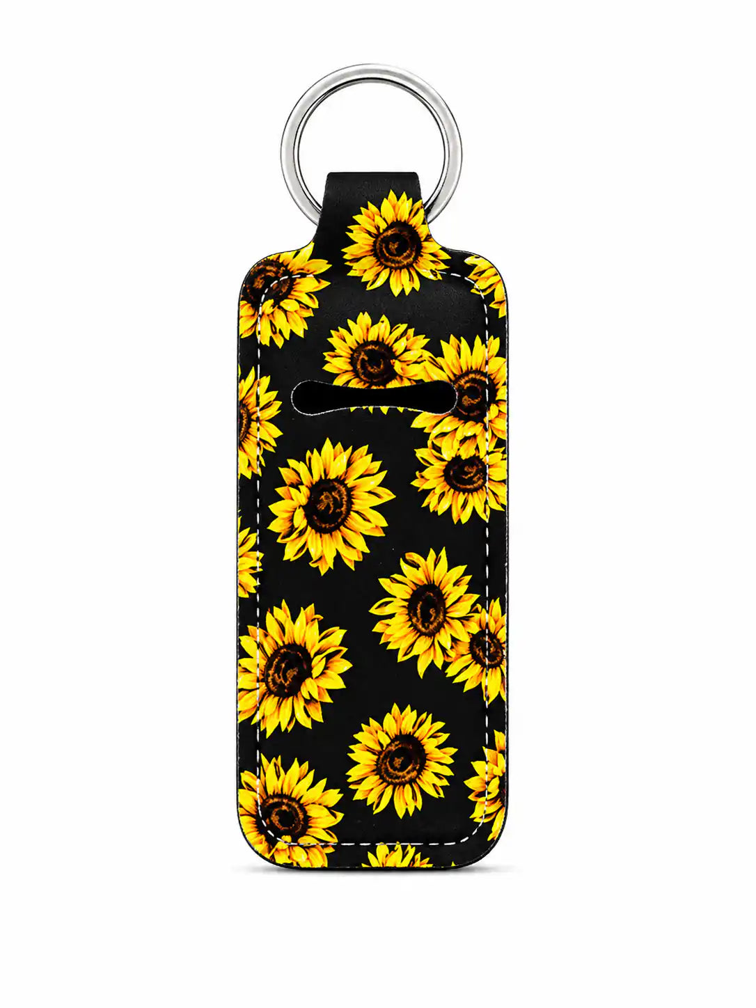 Sunflower Bloom Lip Balm Holder with bright yellow sunflower print on black leatherette and a silver metal key ring