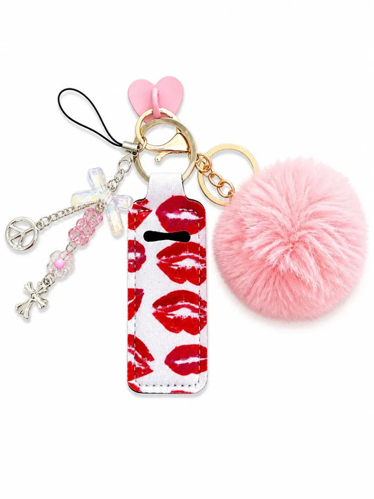 XOXO Babe IT Girl Bundle with pink pom pom, red lip-print bottle charm, lip balm holder, heart and cute statement charms