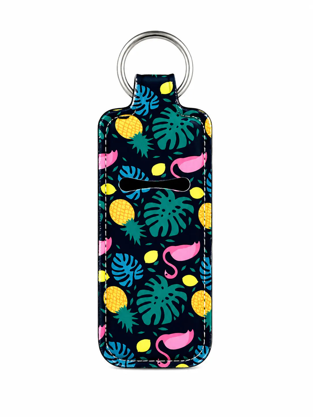 Tropical Flamingo Vibes Lip Balm Holder with colourful flamingos, pineapples, tropical leaves and a silver key ring