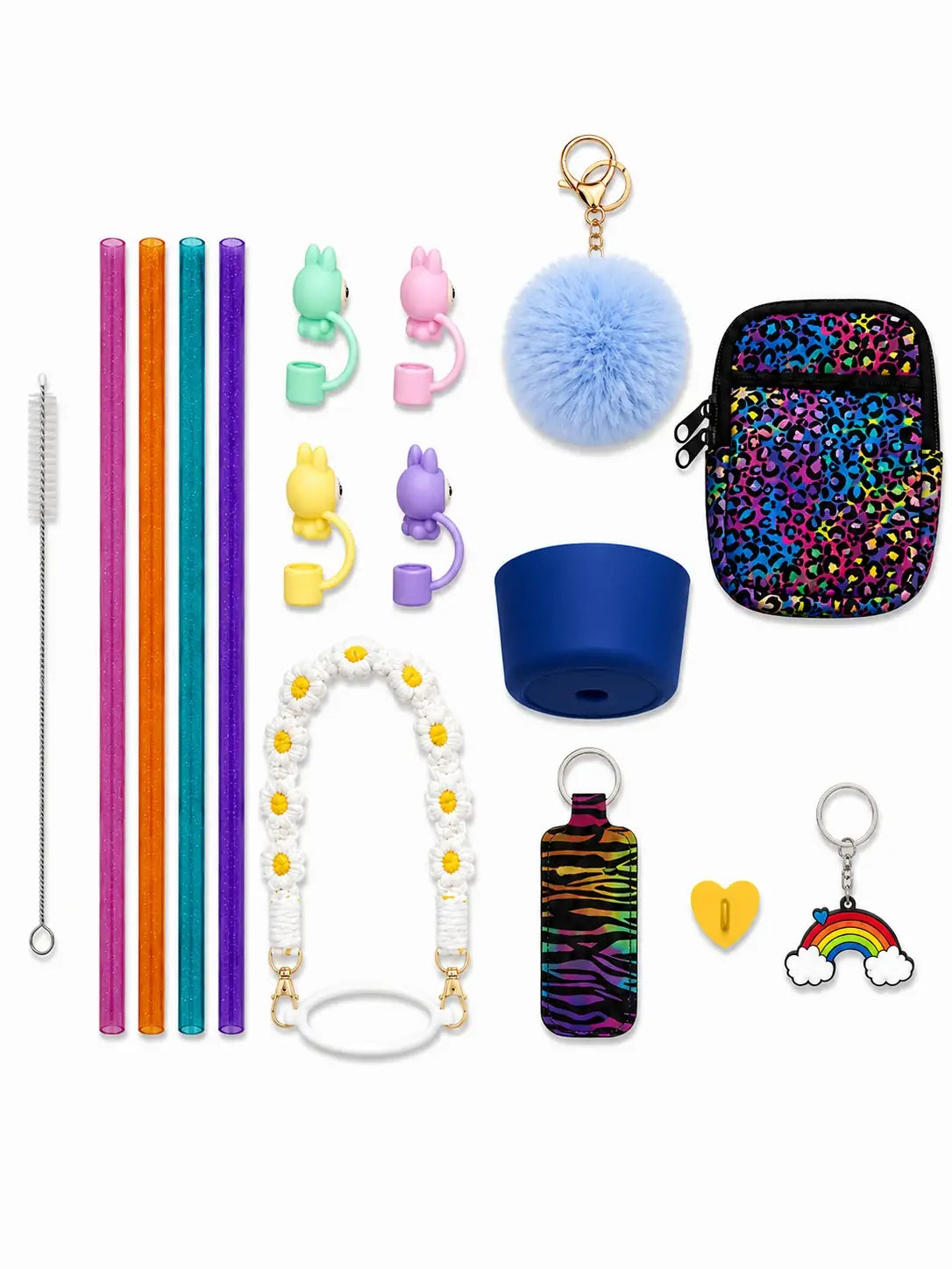 Ultimate IT Girl Bundle Candy Leopard Edit with reusable straws, bunny charms, blue pom pom, daisy bottle strap, leopard pouch and bottle accessories