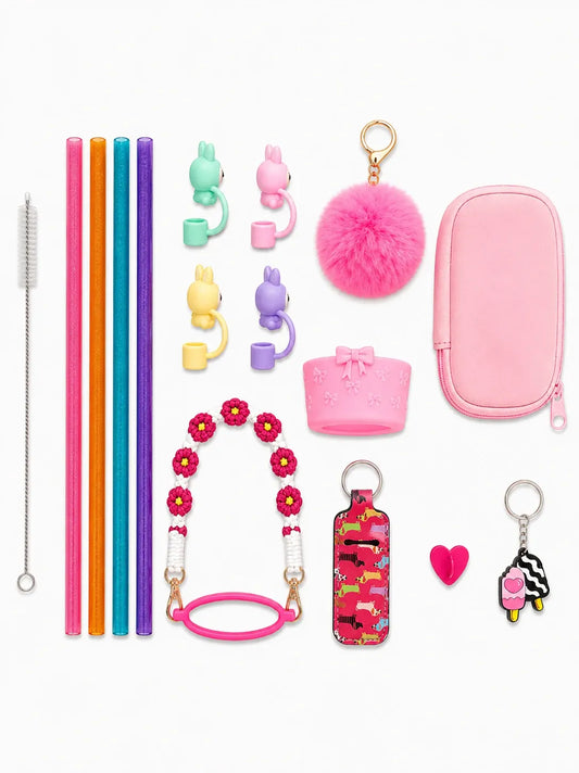 Ultimate IT Girl Bundle Pink Edition with reusable straws, bunny charms, pink pom pom, floral bottle strap, pink pouch and bottle accessories