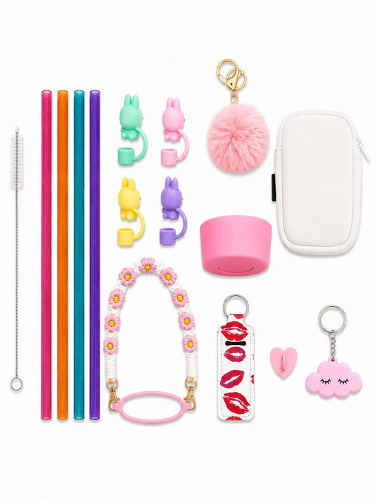 Ultimate IT Girl Bundle Vanilla Girl Edit with colourful straws, bunny charms, pink pom pom, flower sipper rope and accessories