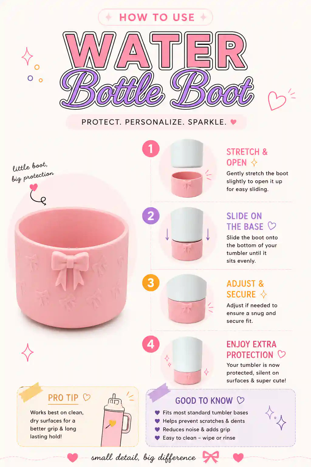 Pink bling water bottle boot with a bow detail shown on a white background, with an illustrated guide explaining how to stretch, slide on, and secure the boot to a tumbler base.