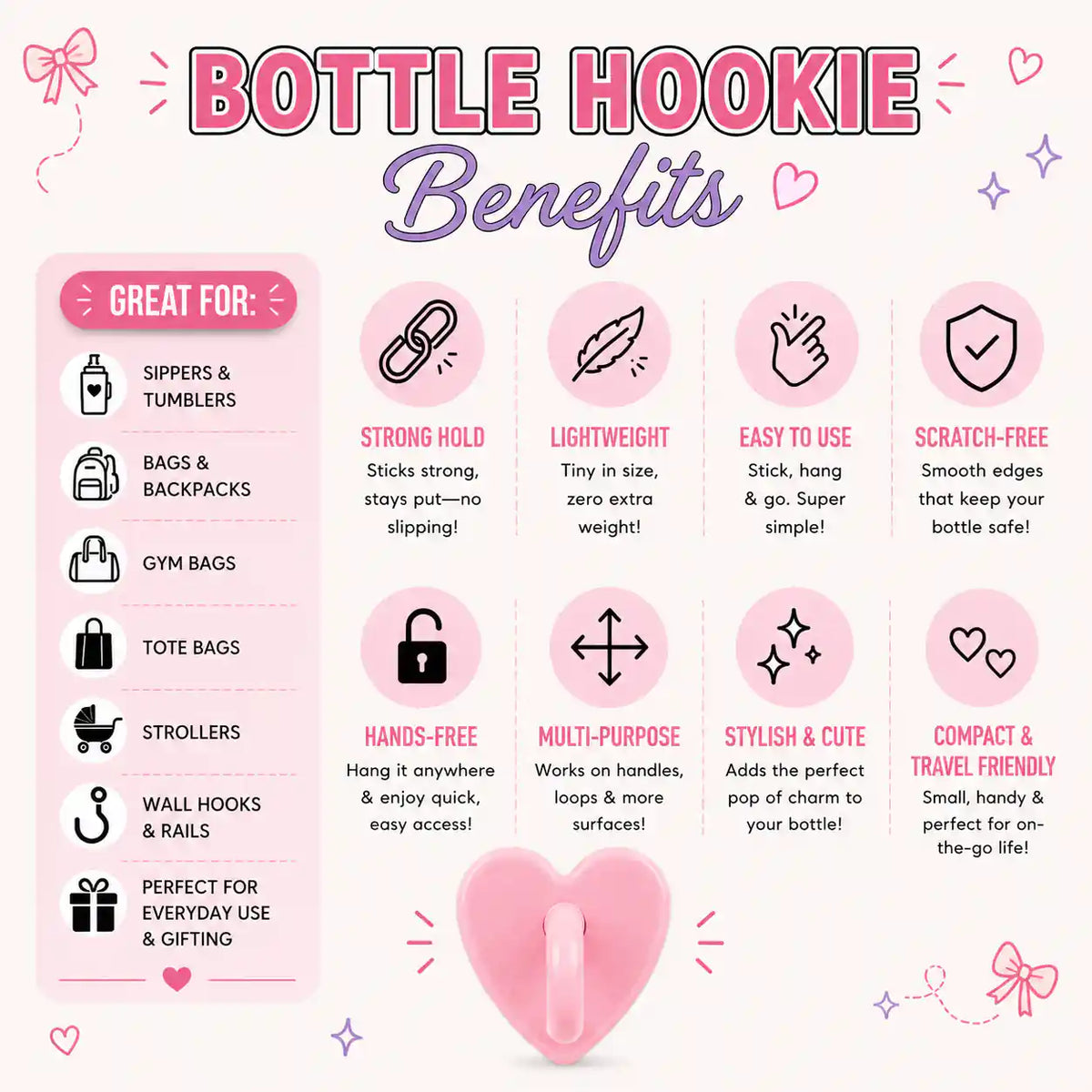 Bottle Hookie Benefits graphic showing uses and features of the bottle hook