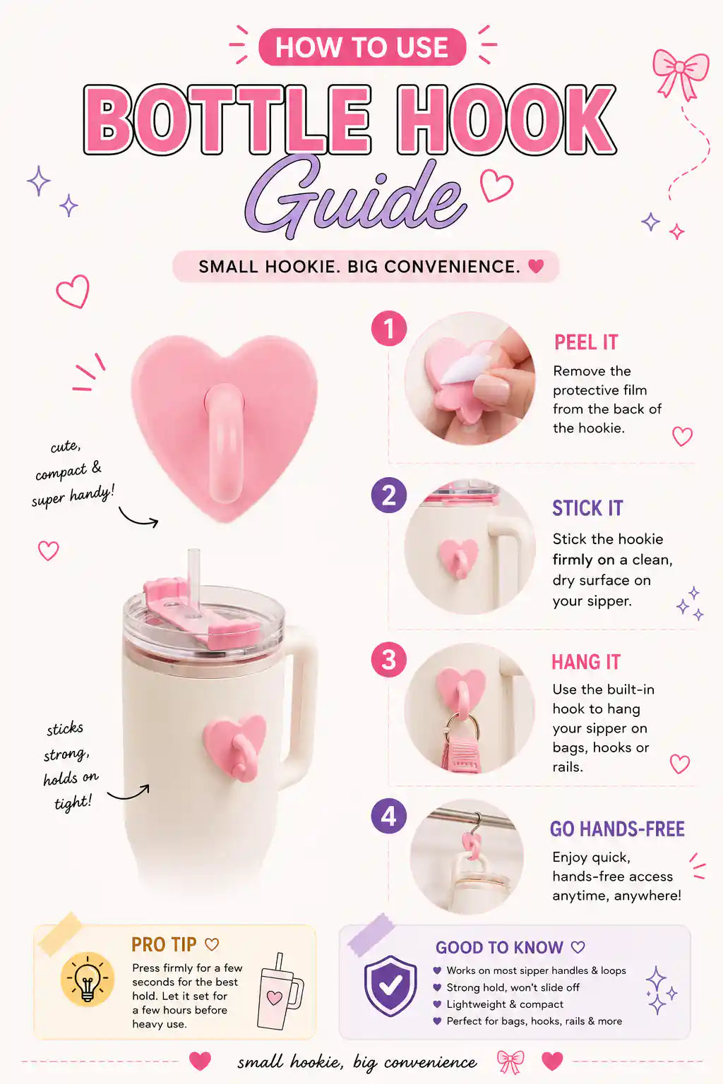 Bottle Hookie Guide showing how to apply and use the hook on a tumbler