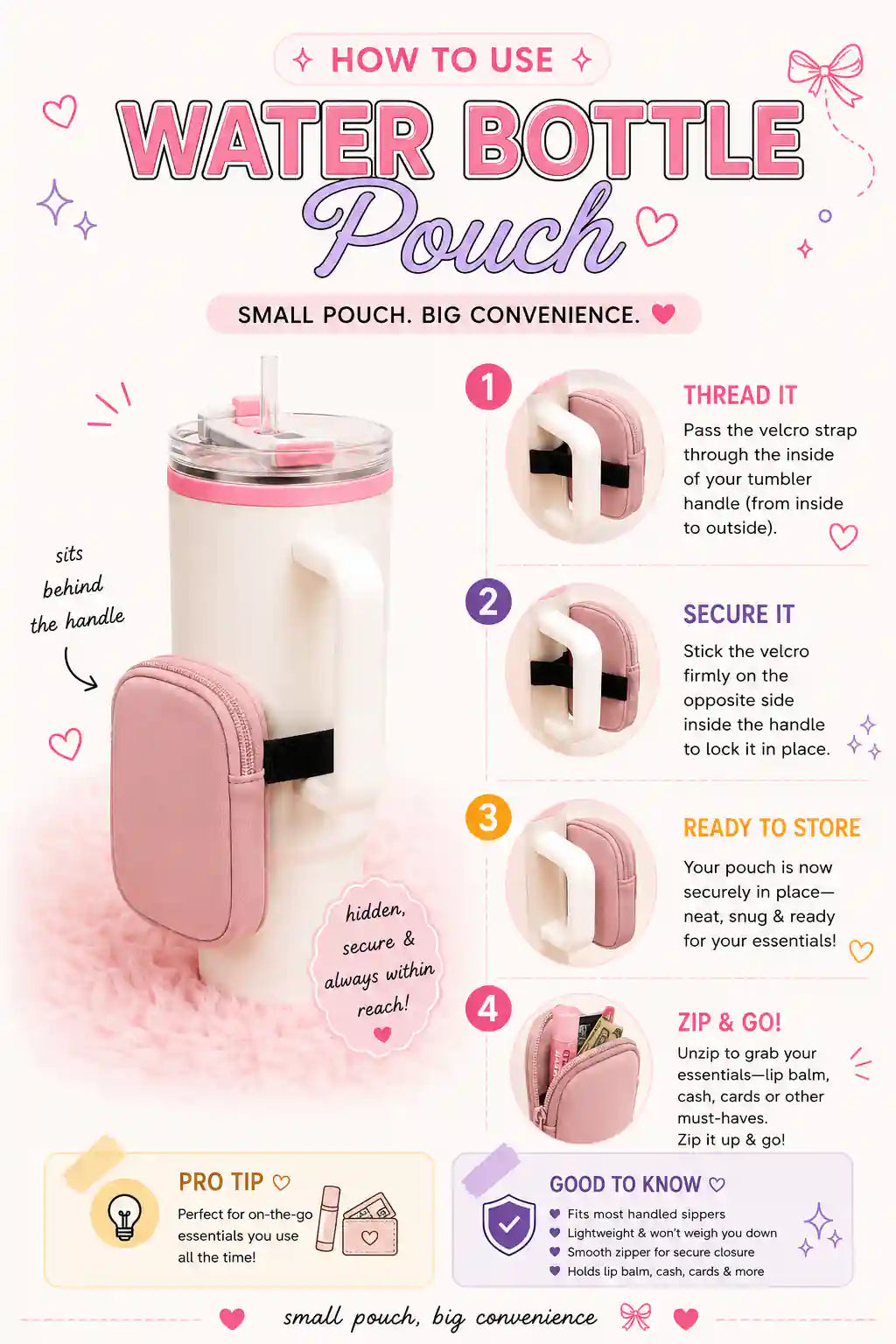 Illustrated guide showing how to attach the blush water bottle pouch behind a tumbler handle using its Velcro strap