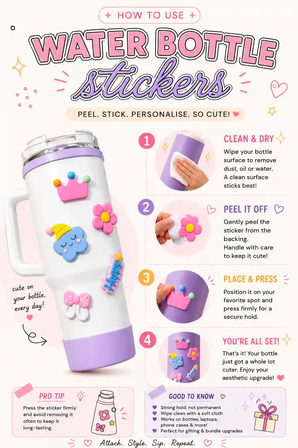 How to use 3D water bottle stickers with steps to clean, peel, stick and press onto bottles