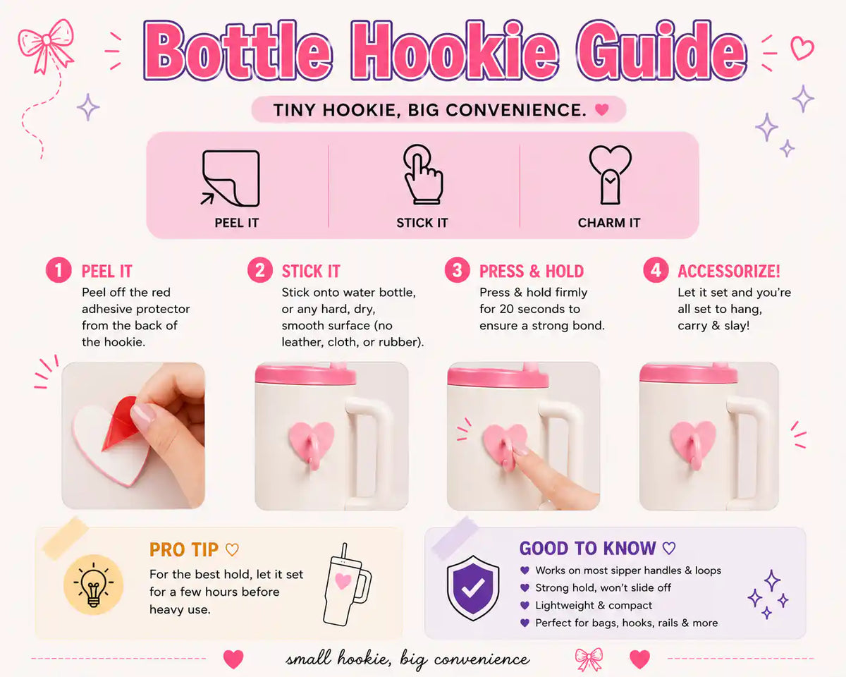 Bottle Hookie Guide showing how to peel, stick, press and accessorize the bottle hook