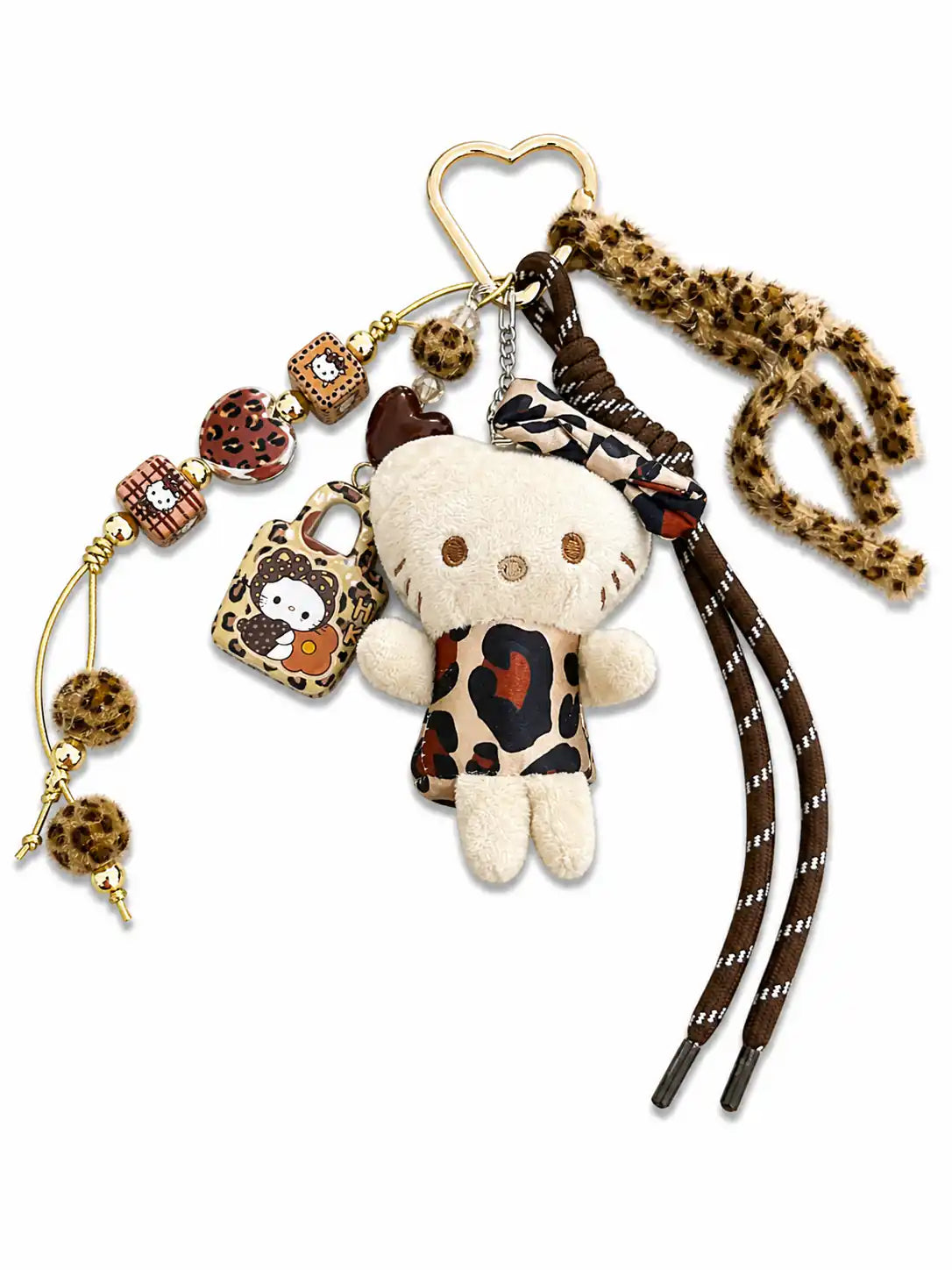 Wild Cocoa Drop Kitty Bag Charm with leopard-print kitty plush, heart clip, animal-print cords and beaded charms