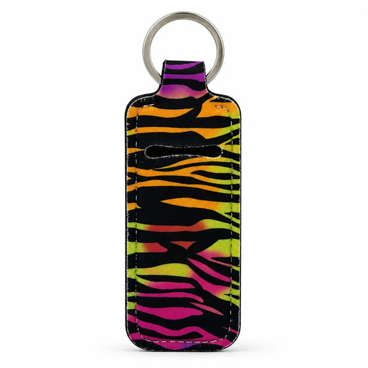 Wild Stripe Pop Lip Balm Holder with colourful animal-print stripes, leatherette body and sturdy metal key ring