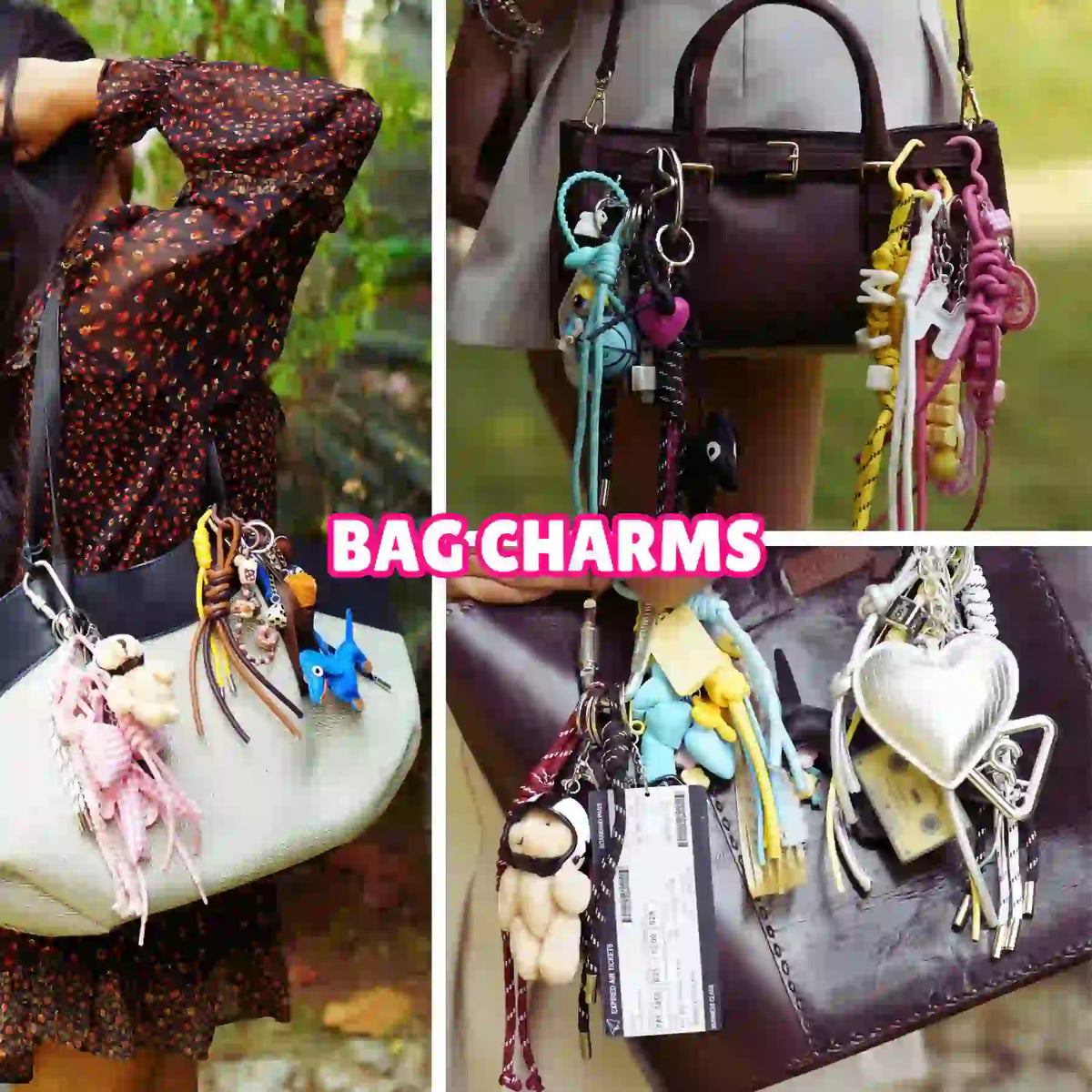 Charm'D AF colourful bag charms and handbag accessories styled on handbags, tote bags and sling bags
