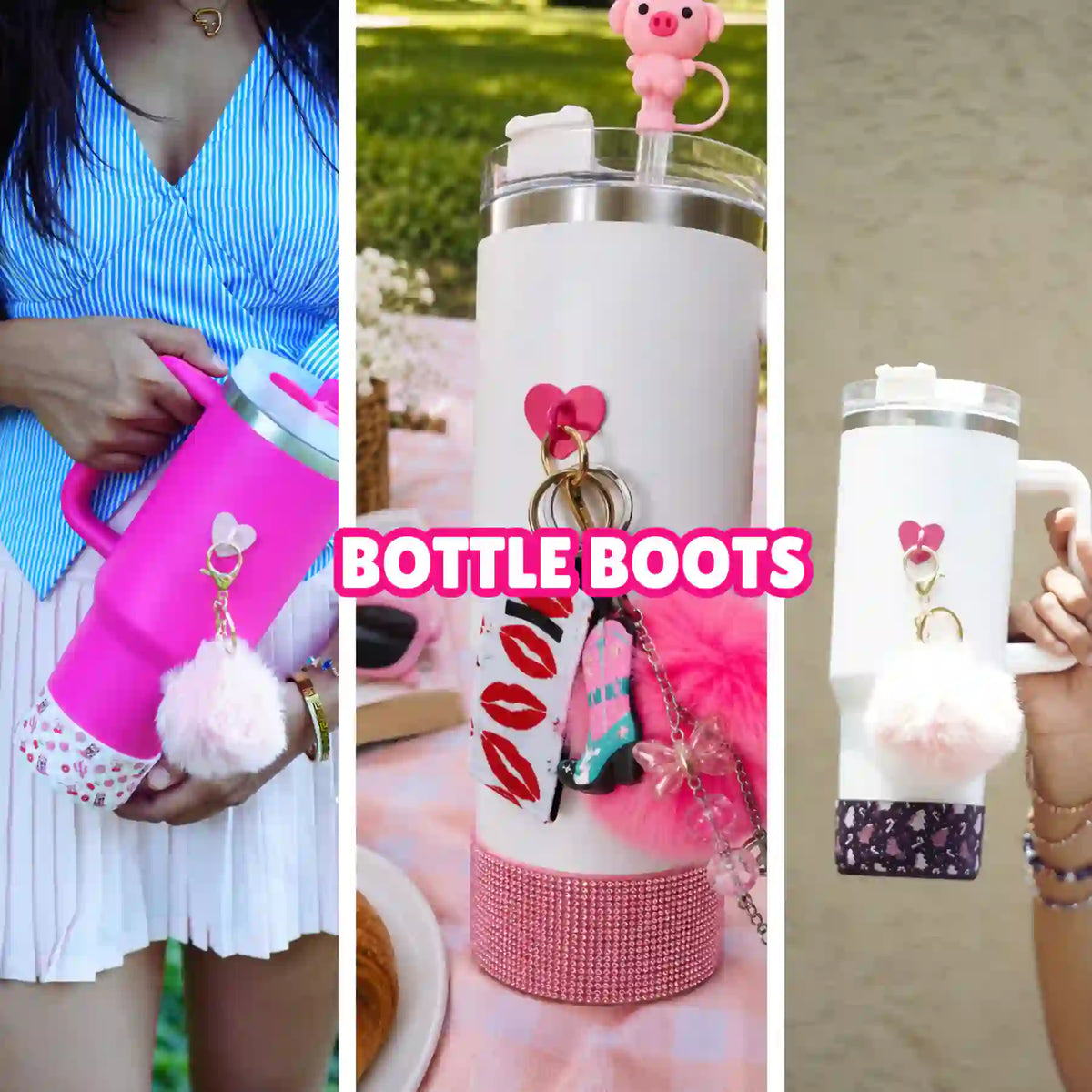 Charm'D AF bottle boots protecting colourful tumblers with playful patterns and pom pom charms