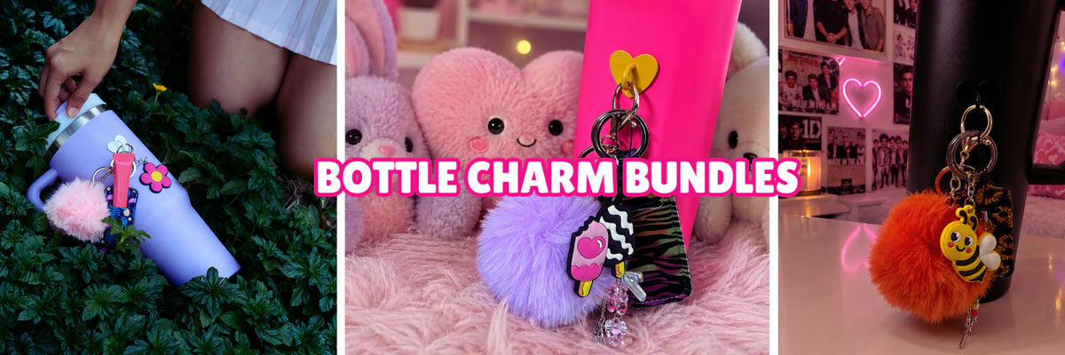 Charm'D AF bottle charm bundles with fluffy pom poms and playful charms styled on colourful tumblers