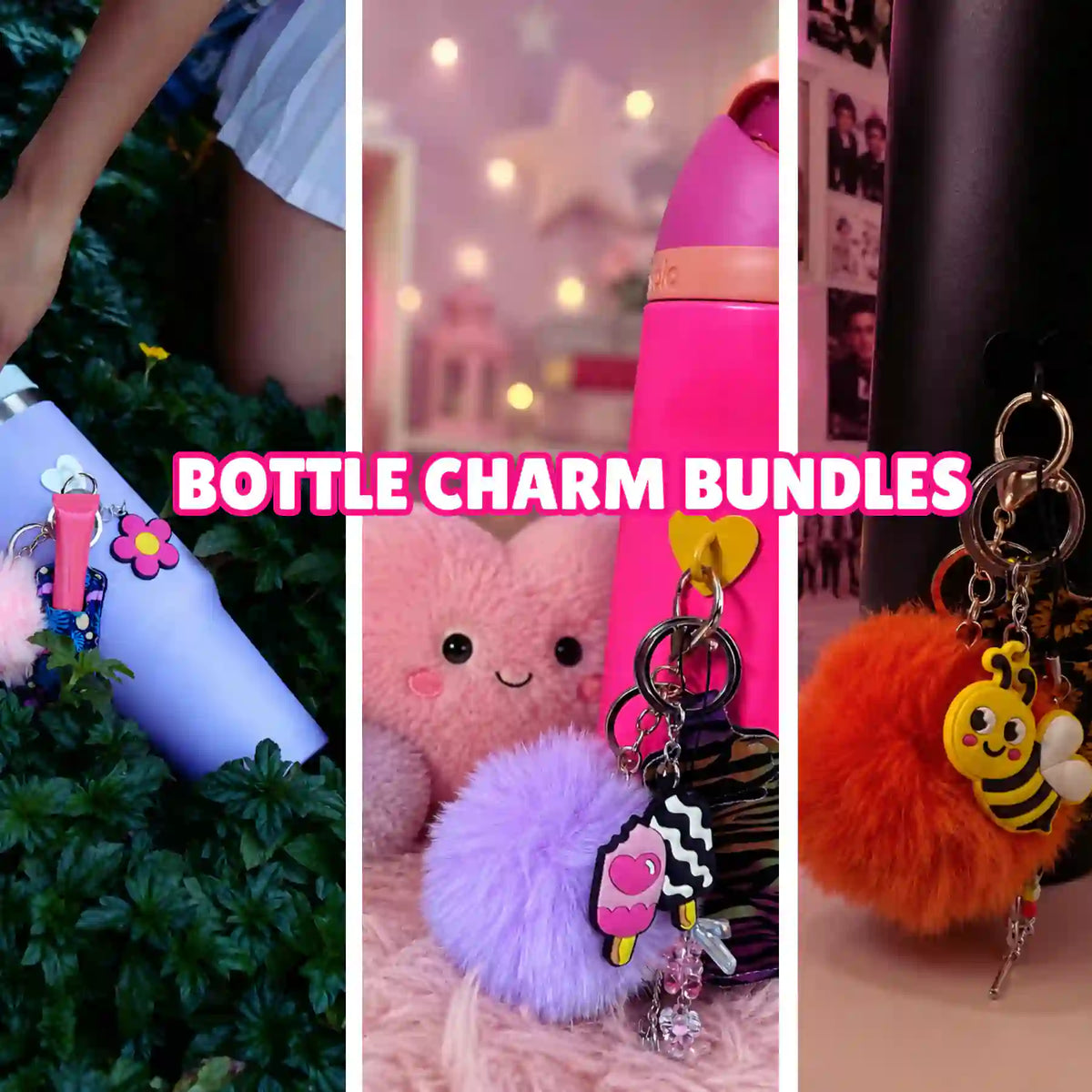 Charm'D AF bottle charm bundles with colourful pom poms and playful charms styled on pink and black bottles