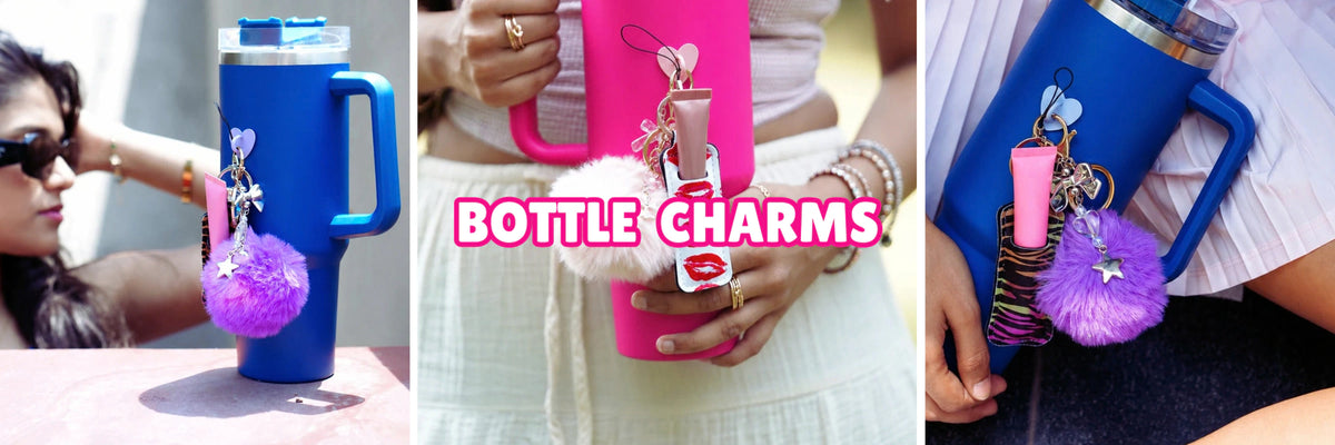 Charm'D AF colourful bottle charms with fluffy pom poms and playful accessories styled on tumblers