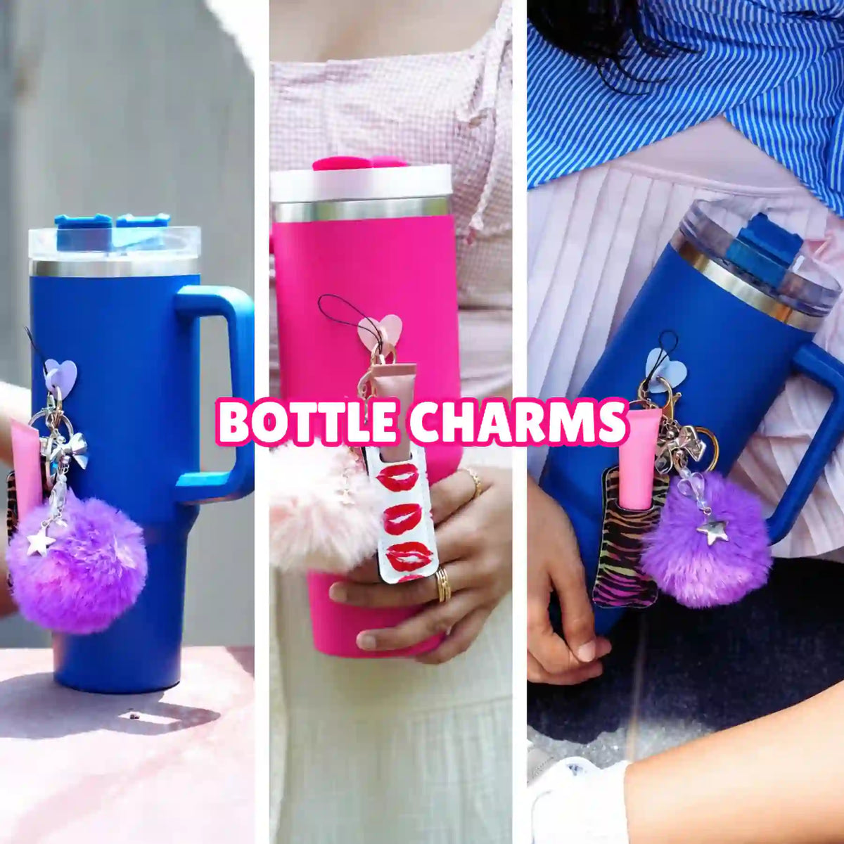 Charm'D AF colourful bottle charms with fluffy pom poms and playful accessories styled on tumblers