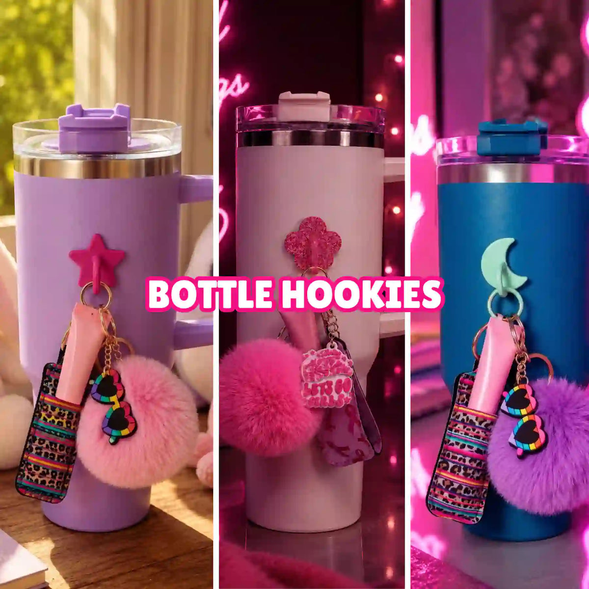 Charm'D AF bottle hookies with pink and purple pom poms styled on pastel blue, pink and purple tumblers