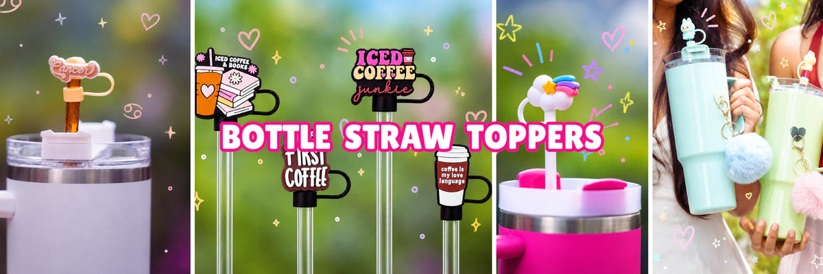 Charm'D AF bottle straw toppers in coffee and colourful designs styled on pastel tumblers
