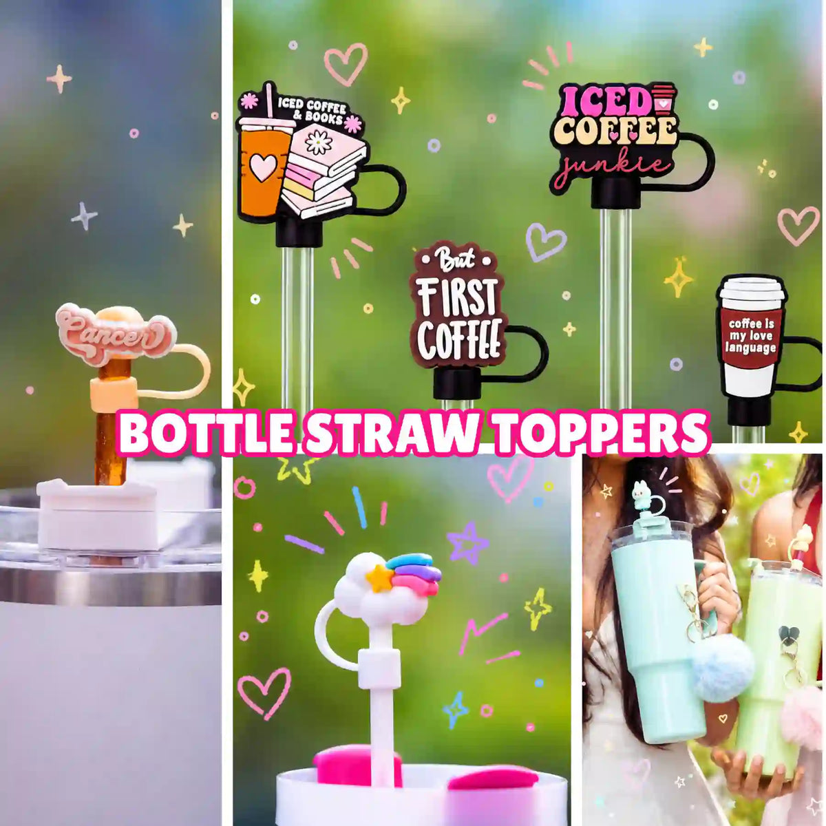 Charm'D AF bottle straw toppers in coffee and cute colourful designs styled on tumblers