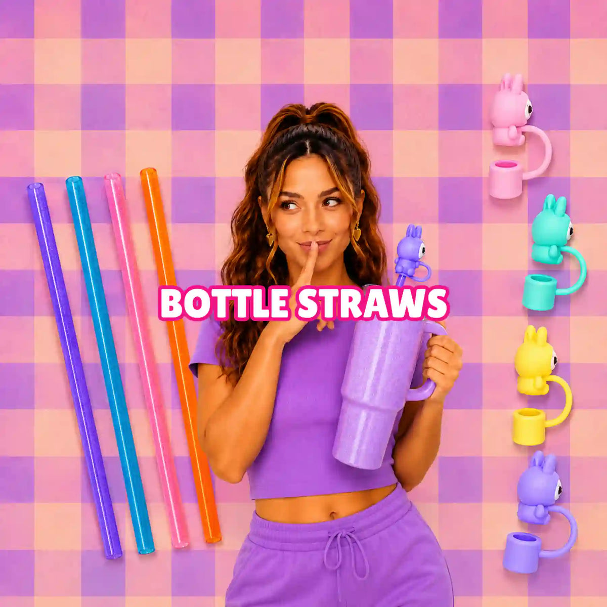 Charm'D AF colourful reusable bottle straws and playful straw toppers styled with a purple water bottle