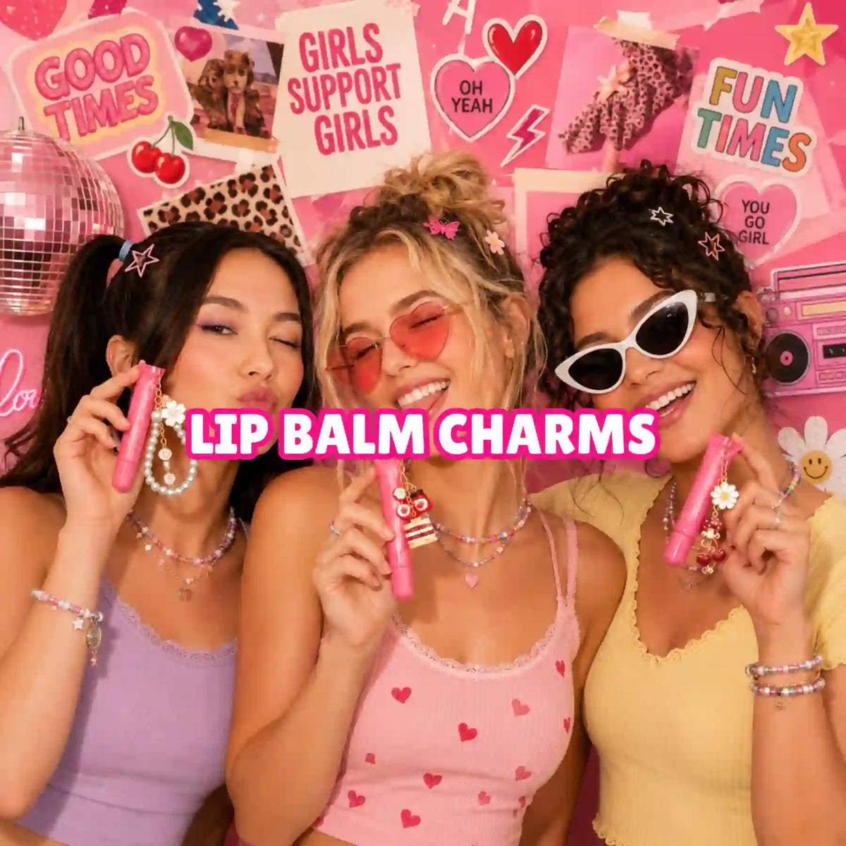 Charm'D AF lip balm charms styled on different lip balms with pearl, flower, fruit and cake charms