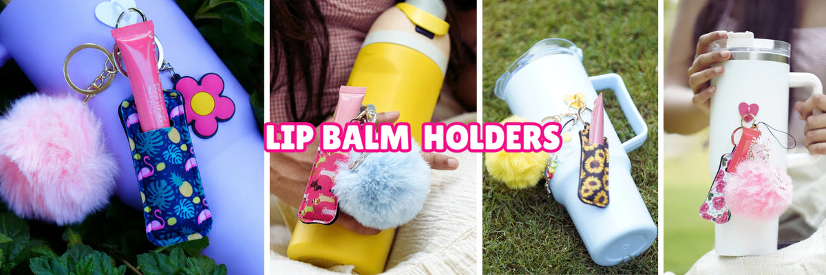 Charm'D AF colourful lip balm holders with fluffy pom poms and clip-on designs styled with lip balms