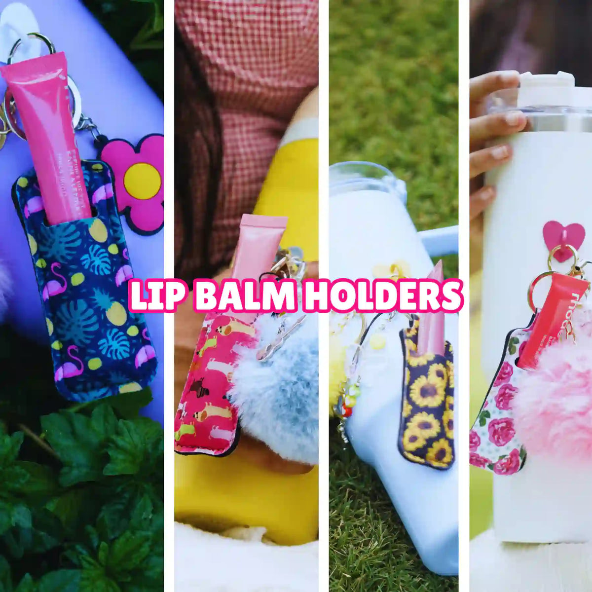 Charm'D AF colourful lip balm holders with clip-on designs styled with lip balms and bottles