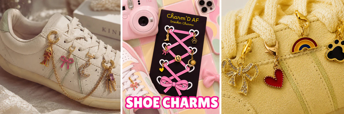 Charm'D AF shoe charms in gold and colourful designs styled on white sneakers and a yellow bag