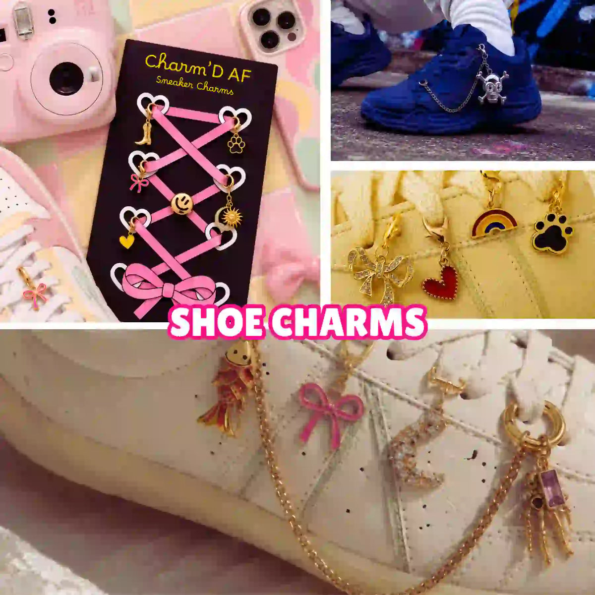 Charm'D AF shoe charms in gold and silver designs styled on white and colourful sneakers