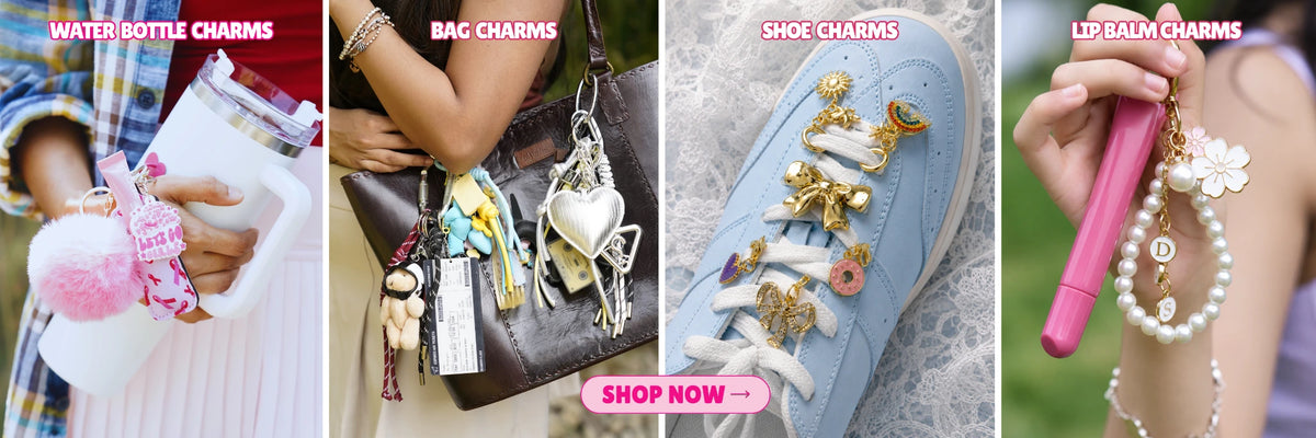 Charm'D AF water bottle, bag, shoe and lip balm charms styled with everyday accessories