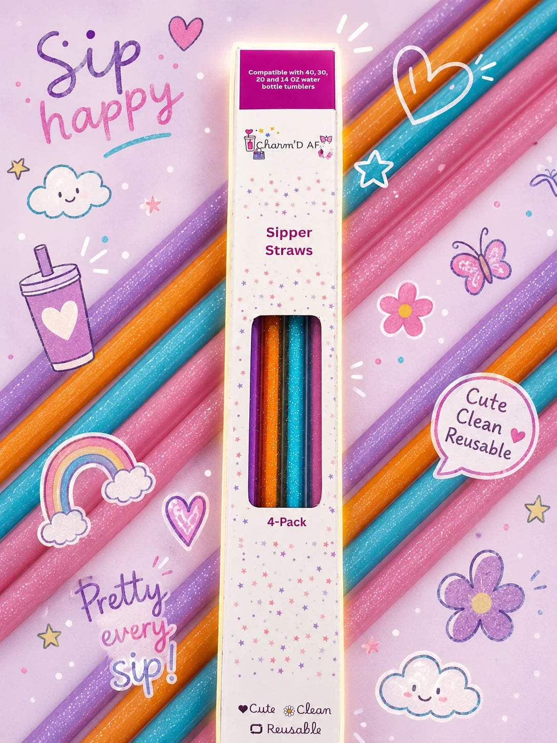 Charm'D AF Pastel Reusable Straws Set (Pack of 4)