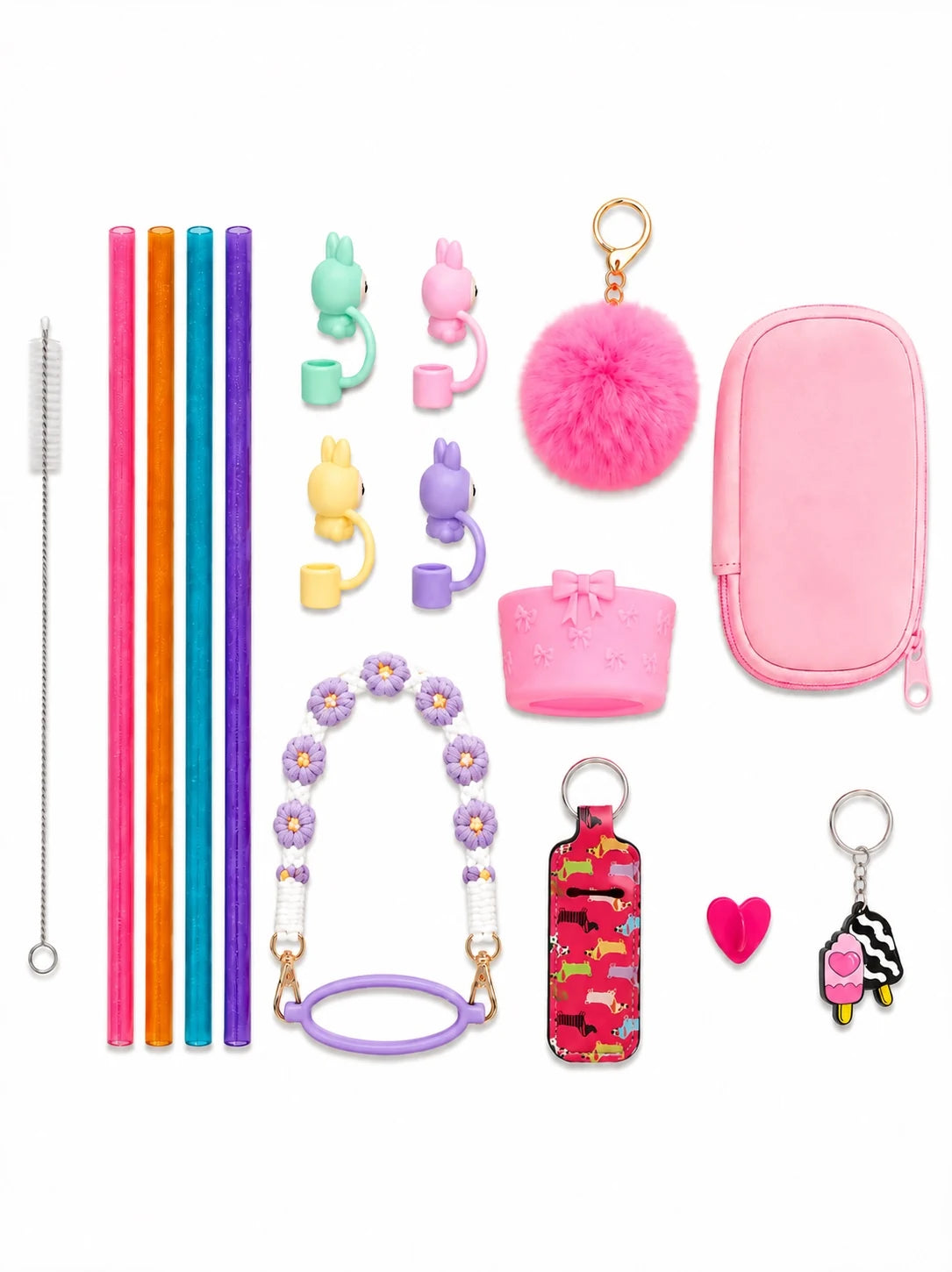 Ultimate It Girl Bundle with lavender floral water bottle strap, reusable straws, straw cleaning brush, bunny straw toppers, pink bottle boot, bottle pouch and cute bag charms